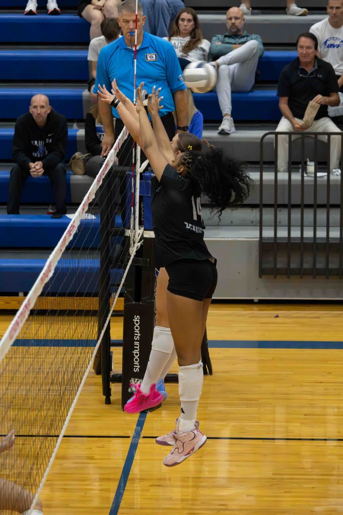 A volleyball player jumping to block a ball at the net during a match, with spectators visible in the background.