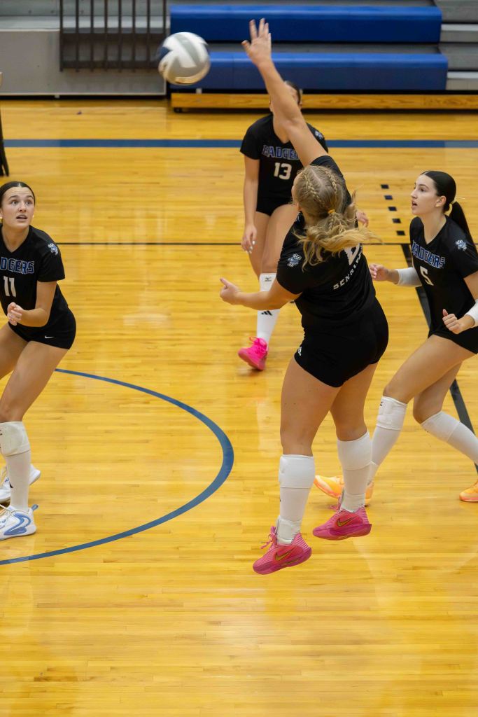 A volleyball player jumps to set the ball during a game, surrounded by teammates in black uniforms. The scene captures the action on a wooden court.