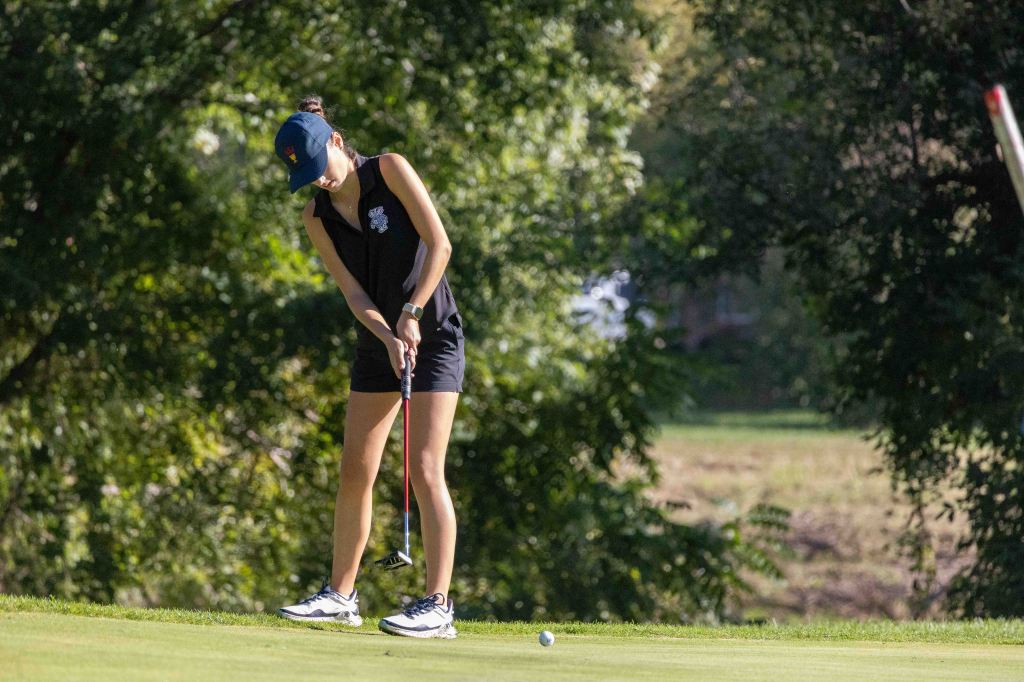 A female golfer in a black outfit is putting a golf ball on a sunny green course surrounded by trees.