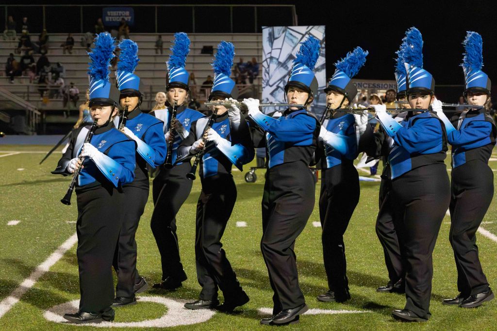 A marching band performing on a field at night, with members dressed in blue and black uniforms, playing flutes and clarinets.
