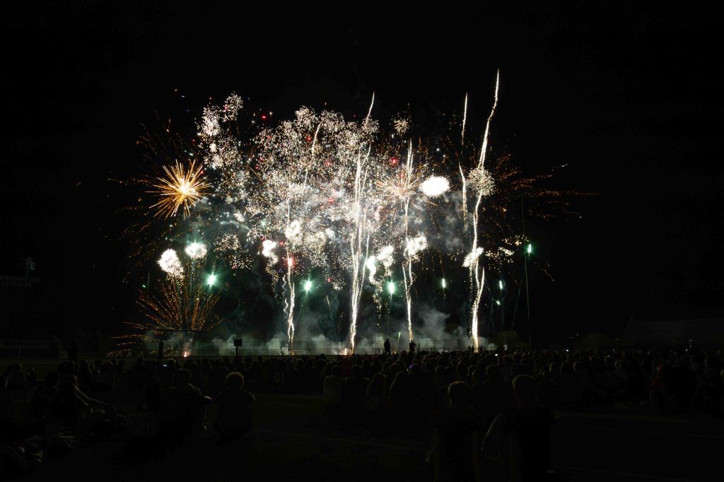A vibrant display of fireworks lighting up the night sky, with bursts of color and sparkling effects, above a crowd of spectators sitting on the ground.