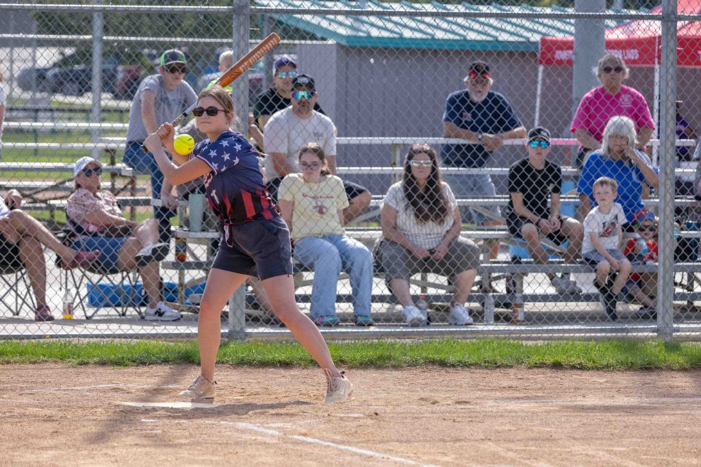 A young female softball player in a patriotic shirt prepares to bat while a crowd of spectators watches from the stands.