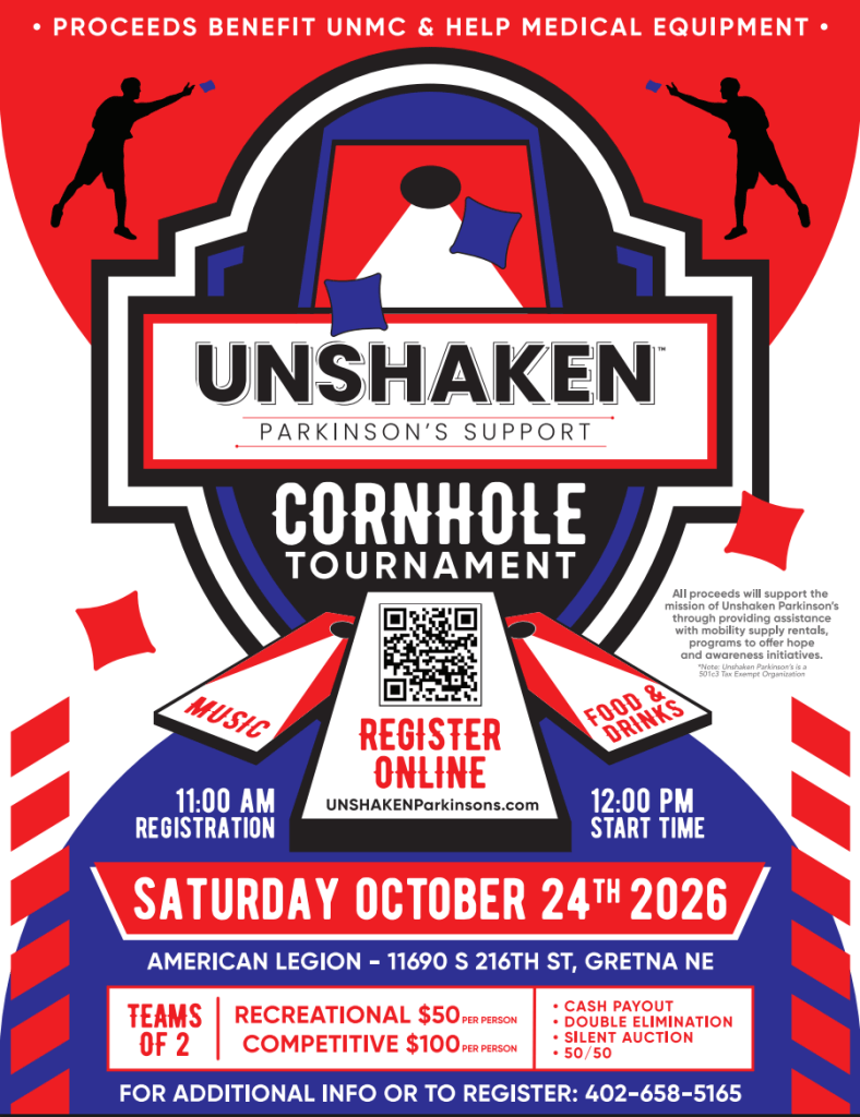 Promotional poster for the UNSHAKEN Parkinson's Support Cornhole Tournament, featuring event details such as date, time, location, and registration information. Includes graphics of cornhole bags and boards.